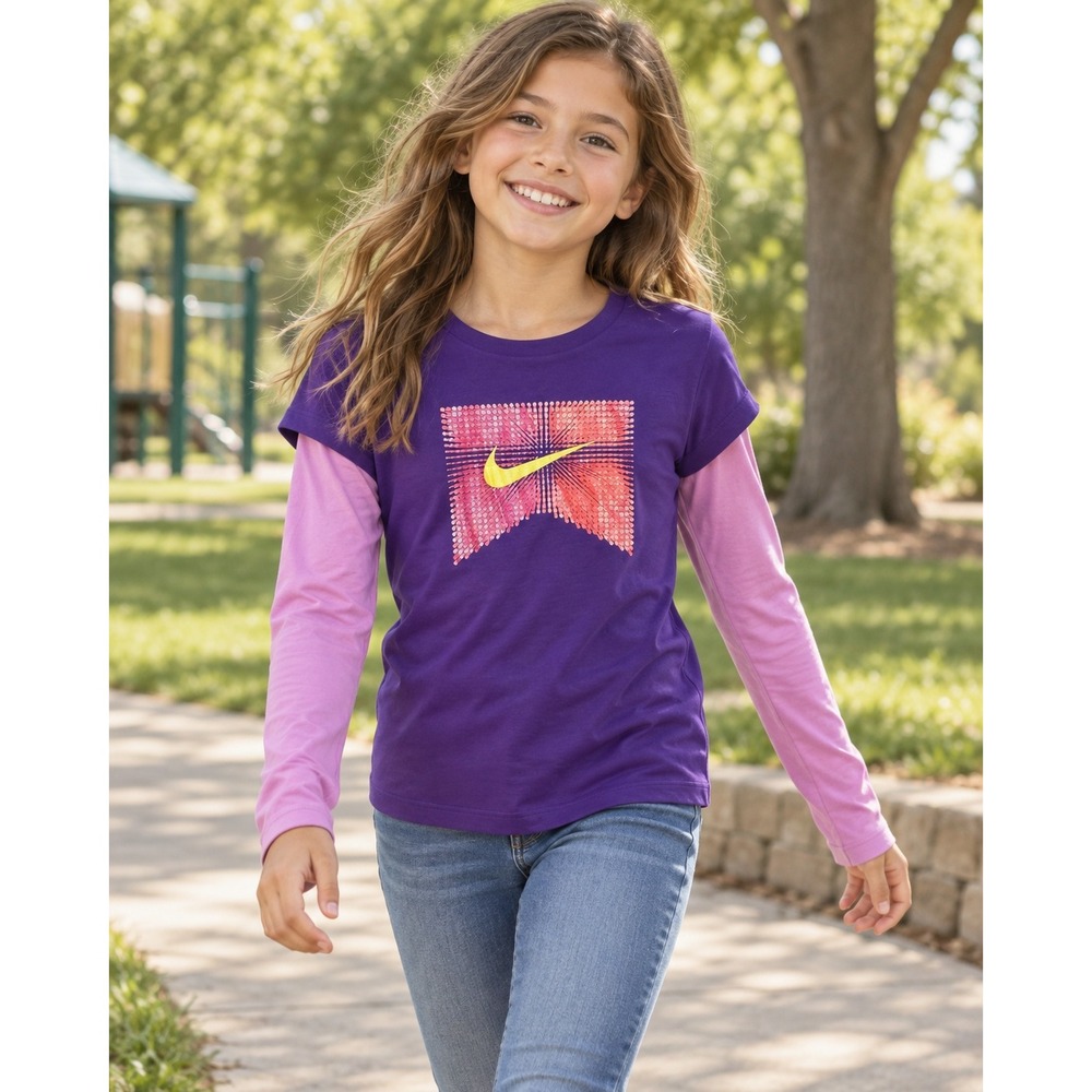 Nike Girls Graphic Double Layer Long Sleeve T-Shirt Purple‎ Pink 476325-078 L